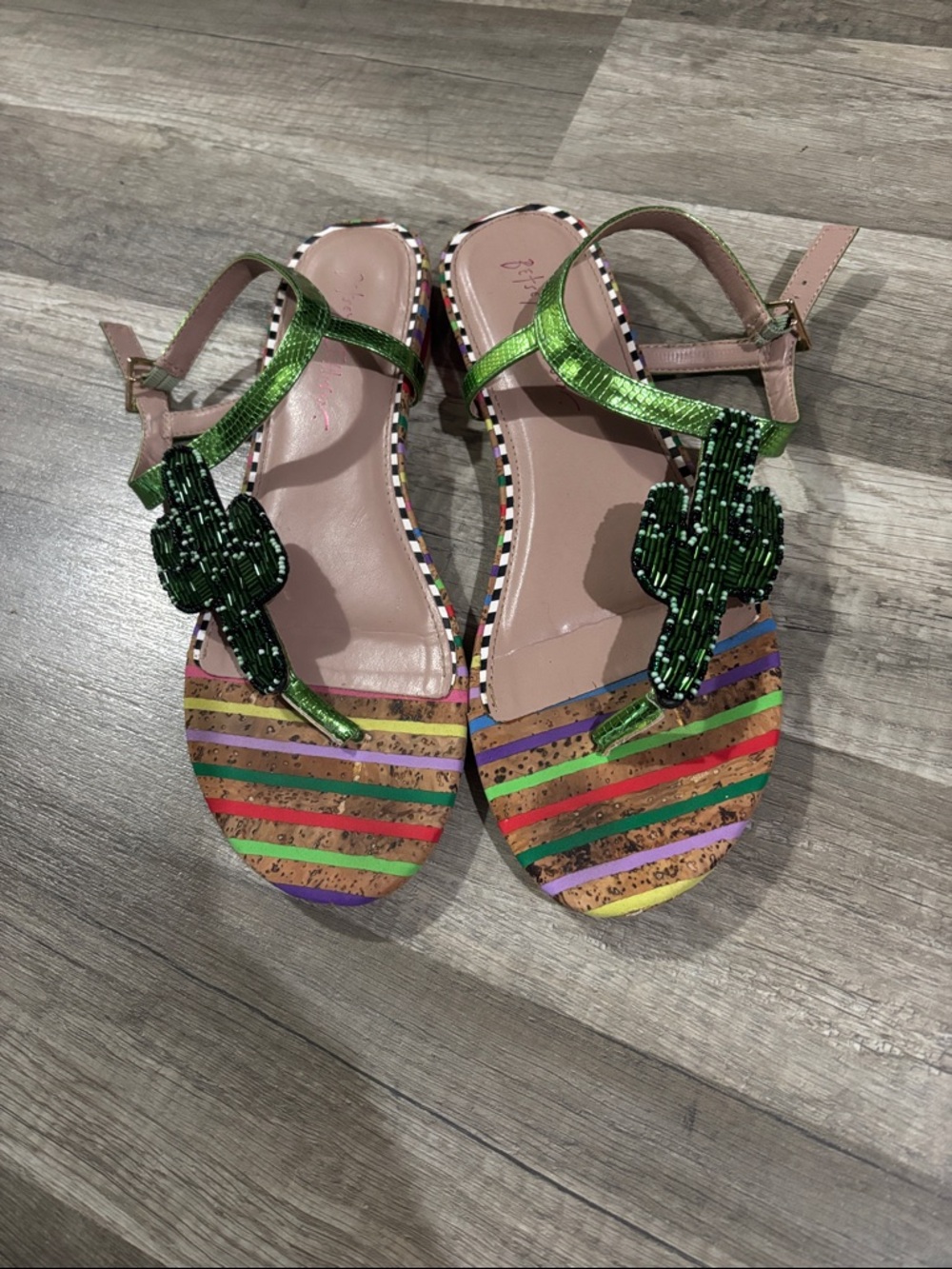 Betsey Johnson Green Beaded Cactus T-Strap Sandals with Multicolor Stripes